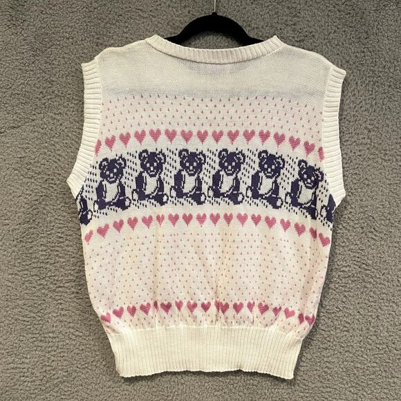 Vintage Kawaii Fairycore Knit Sweater Vest Bear Teddy Heart Pink Sleeveless Med - Picture 8 of 8